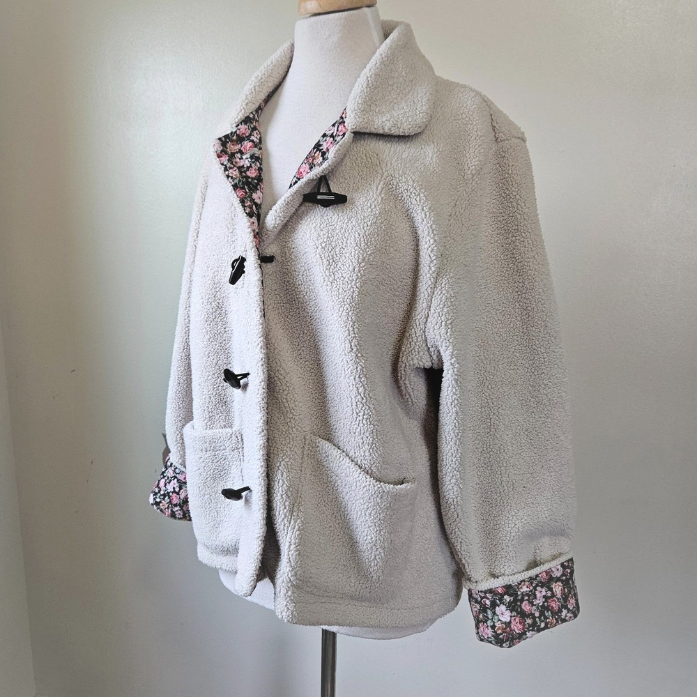 Vintage 90s Norm Thompson‎ Faux Sherpa Fleece Teddy Jacket Flower Lined XL P